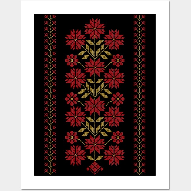 Traditional Tatreez Embroidery Flowers Design 9 red-gld Wall Art by QualiTshirt